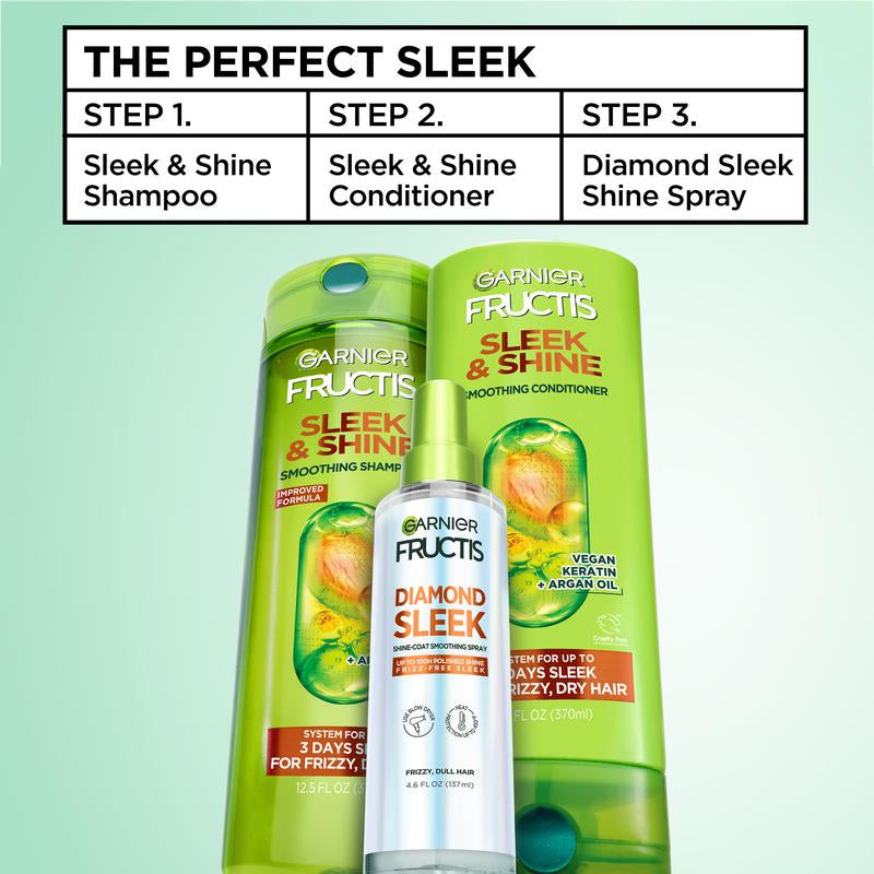Achieve Luxurious Shine and Frizz-Free Hair with Garnier Fructis Diamond Sleek Shine Spray - 100H Protection with Vegan Keratin and Argan Oil